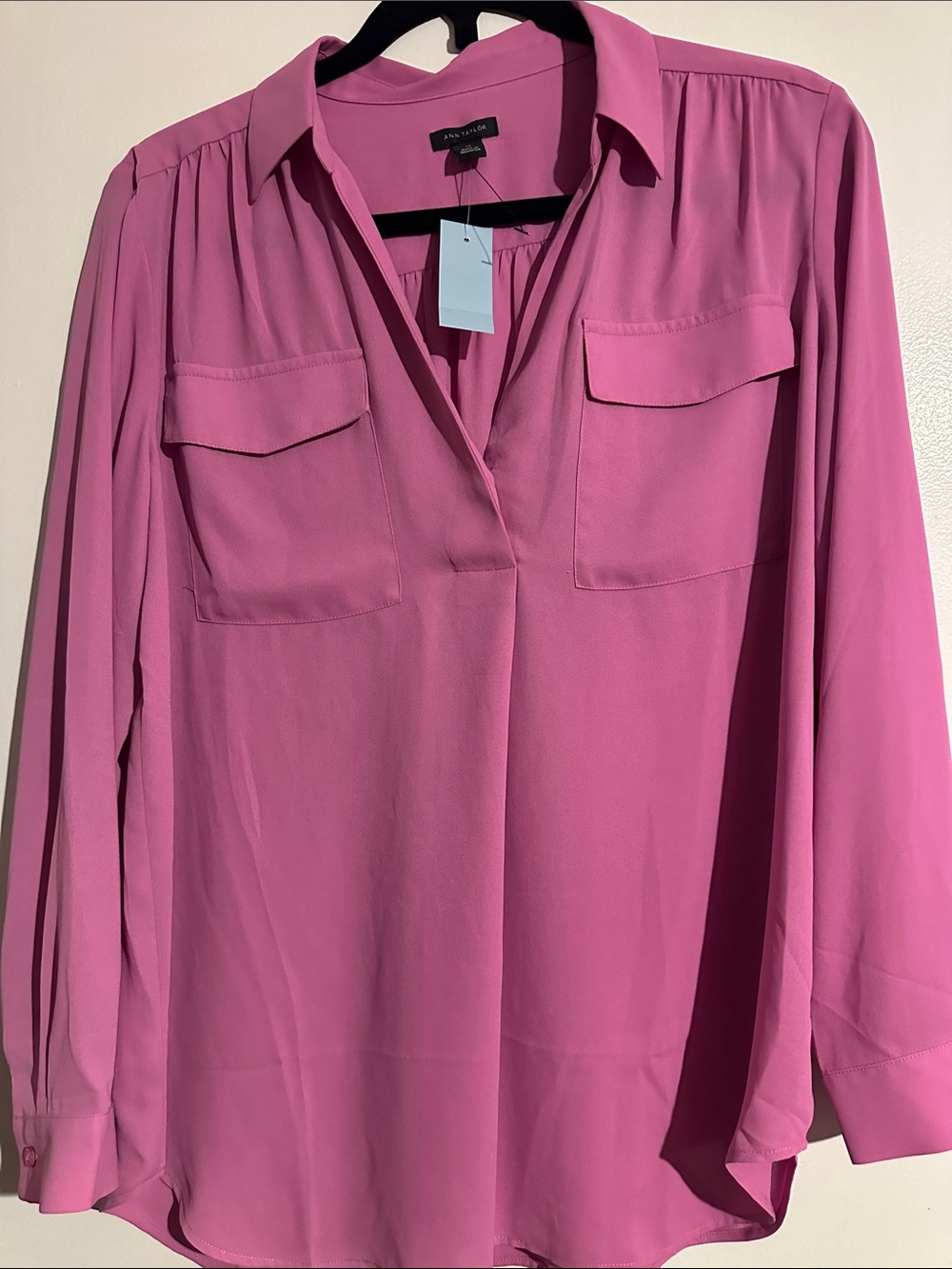 Ann Taylor Bright Fuchsia V-Neck Blouse with Chest Pockets